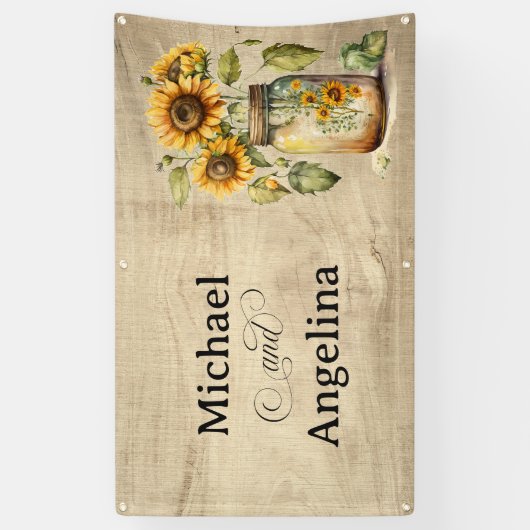 Bruiloft rustieke zonnebloem op houten achtergrond spandoek (Verticaal)