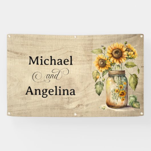 Bruiloft rustieke zonnebloem op houten achtergrond spandoek (Horizontaal)