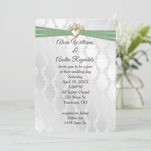 Bruiloft Sage Groen Lint In Hart Op Satijn Kaart (Staand voorkant)