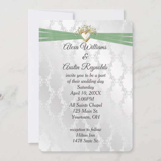 Bruiloft Sage Groen Lint In Hart Op Satijn Kaart (Voorkant)