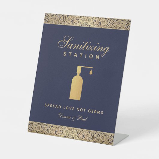 Bruiloft Sanitizing Station Navy Blauw Goud Rozen Reclamebord Met Voetstuk (Voorkant)