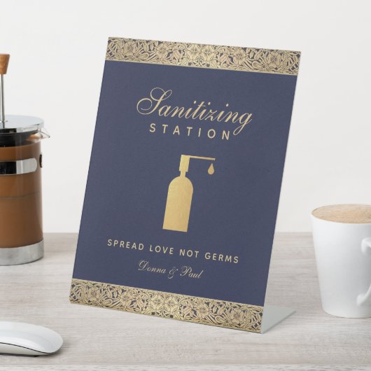 Bruiloft Sanitizing Station Navy Blauw Goud Rozen Reclamebord Met Voetstuk (Insitu)
