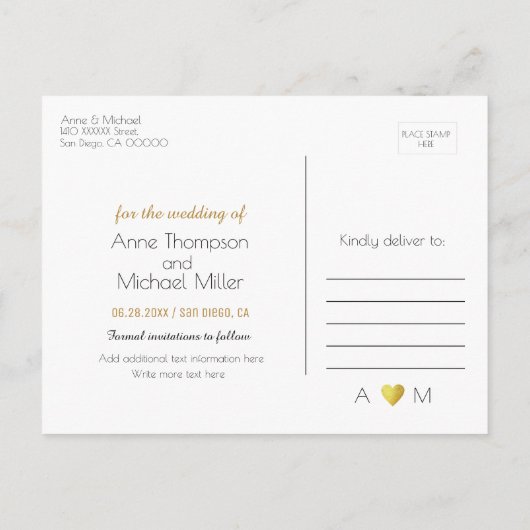 Bruiloft Save-the-date + Faux Gold Heart Minimalis Aankondigingskaart (Achterkant)