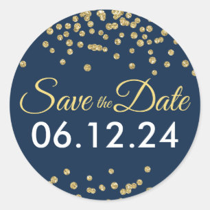 Bruiloft Save The Date Gold Glitter Confetti Navy Ronde Sticker
