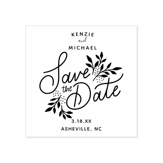 Bruiloft Save the Date Hand Lettered Botanical Rubberstempel (Afrduk)