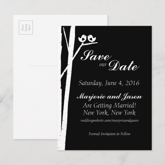 Bruiloft Save the Date Kaart Birch Tree Birds Zwar (Voorkant / Achterkant)