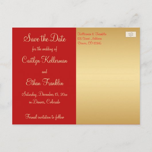 Bruiloft Save the Date Kaart | Rode, gouden sneeuw (Achterkant)