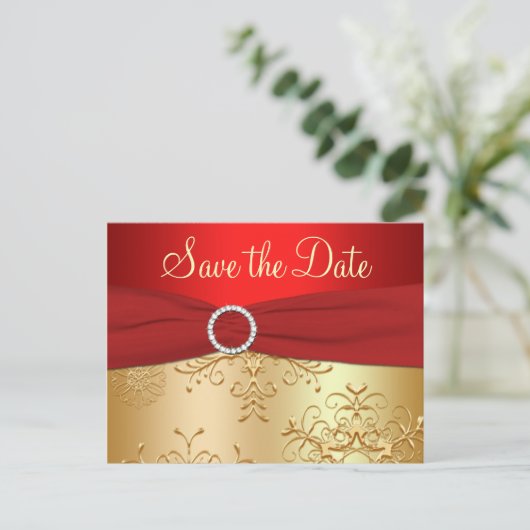 Bruiloft Save the Date Kaart | Rode, gouden sneeuw (Staand voorkant)