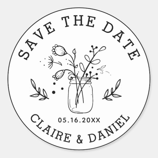 Bruiloft Save the Date Mason Jar Flowers Ronde Sticker (Voorkant)