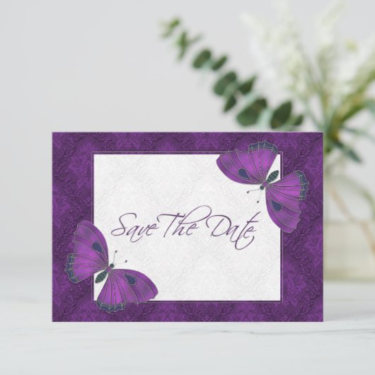 Bruiloft Save the Date Vlinder Brocade Paarse (Staand voorkant)