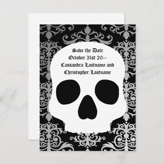 Bruiloft schedel damast | De datum opslaan Aankondigingskaart (Voorkant / Achterkant)