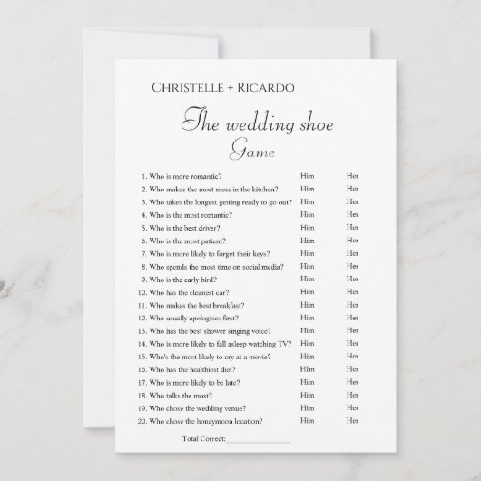 Bruiloft schoen spel bachelorette partij spel Kaar Aankondiging (Voorkant)