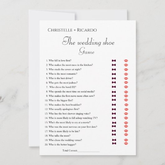 Bruiloft schoen spel bachelorette partij spel kaar aankondiging (Voorkant)