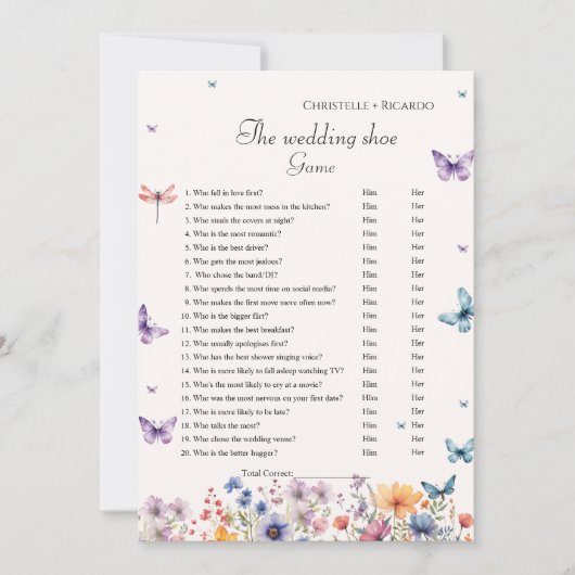 Bruiloft schoen spel Tuin Vlinder partij spel Kaar Aankondiging (Voorkant)