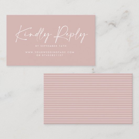 Bruiloft script modern blush roze elegant antwoord visitekaartje (Voorkant / Achterkant)