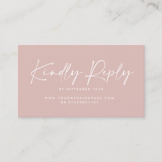 Bruiloft script modern blush roze elegant antwoord visitekaartje (Voorkant)