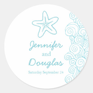 Bruiloft seastar zeester strand golven aqua sticke ronde sticker