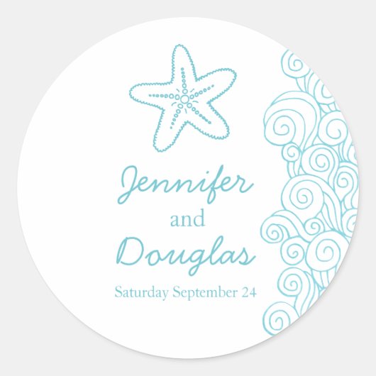 Bruiloft seastar zeester strand golven aqua sticke ronde sticker (Voorkant)