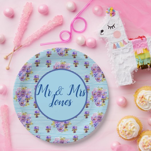 Bruiloft Shabby Pansy Blauw Bloembloem Papieren Bordje (Feest)