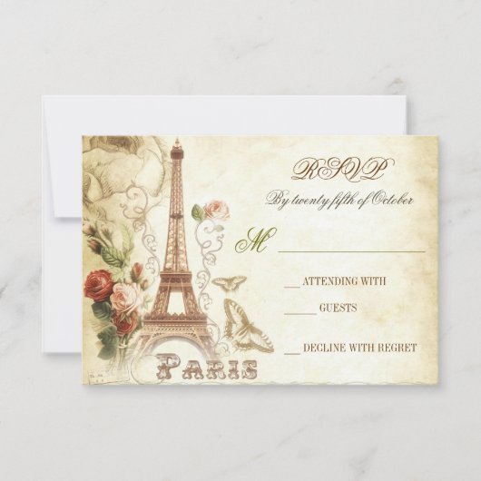 Bruiloft  shabby RSVP kaarten - PARIS FRANKRIJK (Voorkant)