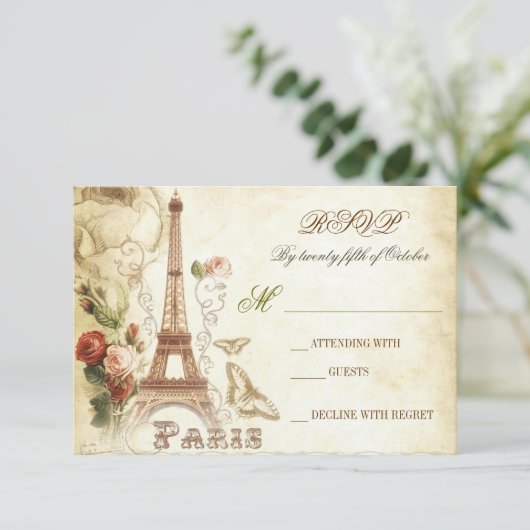 Bruiloft  shabby RSVP kaarten - PARIS FRANKRIJK (Staand voorkant)