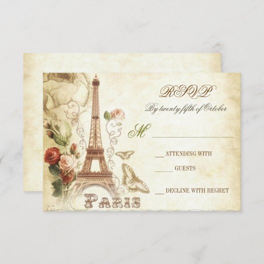 Bruiloft  shabby RSVP kaarten - PARIS FRANKRIJK (Voorkant / Achterkant)