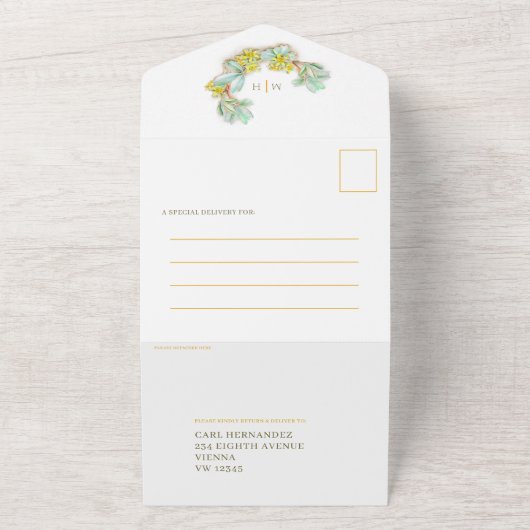 Bruiloft sibbaldia geel bloemenkleurige waterverf  all in one uitnodiging (Buitenkant)