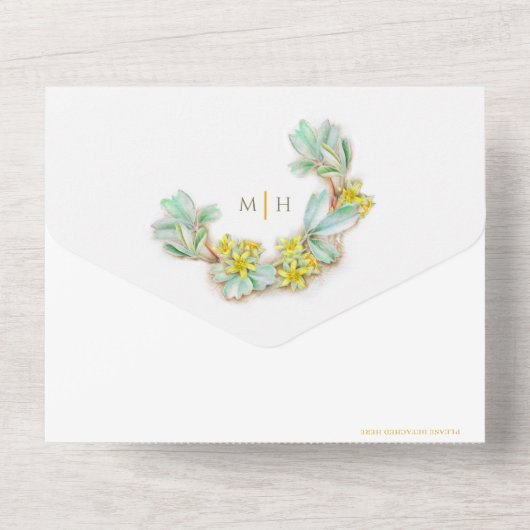 Bruiloft sibbaldia geel bloemenkleurige waterverf  all in one uitnodiging (Achterkant)