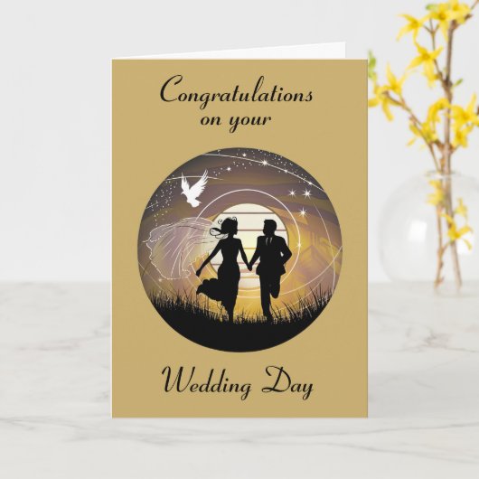 Bruiloft Silhouette bruidegom en bruid Kaart (Gele Bloem)