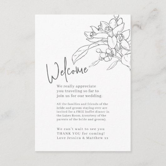 Bruiloft sinaasappel bloesem bruiloft welkom dank informatiekaartje (Voorkant)