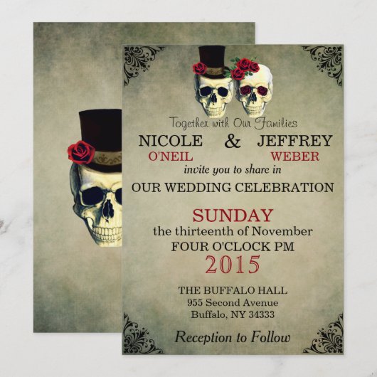 Bruiloft Skelet Bruid Groom Skulls Uitnodiging (Voorkant / Achterkant)