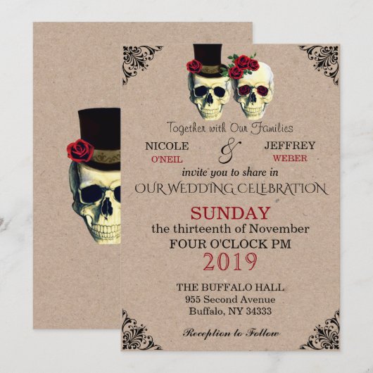 Bruiloft Skeleton Skulls Gothic Retro Invitation Kaart (Voorkant / Achterkant)