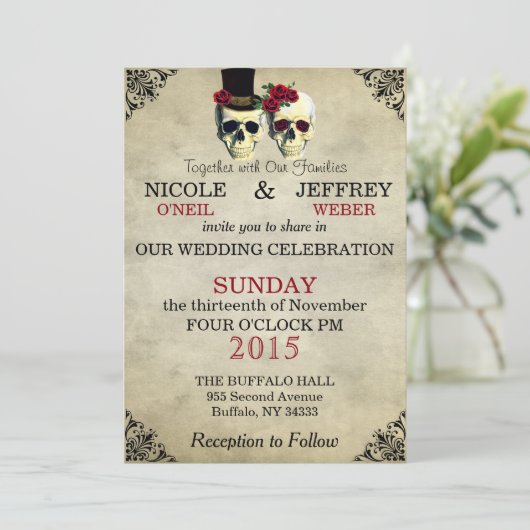 Bruiloft Skeleton Skulls Uitnodiging (Staand voorkant)