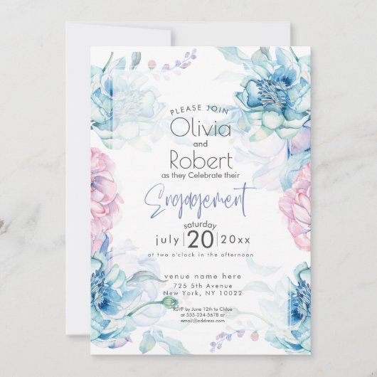 Bruiloft | Sky Blue en Bubblegum Pink Peonies Kaart (Voorkant)