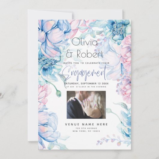 Bruiloft | Sky Blue en Bubblegum Pink Peonies Kaart (Voorkant)