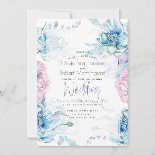 Bruiloft | Sky Blue en Bubblegum Pink Peonies Kaart (Voorkant)