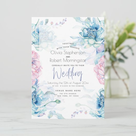 Bruiloft | Sky Blue en Bubblegum Pink Peonies Kaart (Staand voorkant)