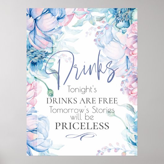 Bruiloft | Sky Blue en Bubblegum Pink Peonies Poster (Voorkant)