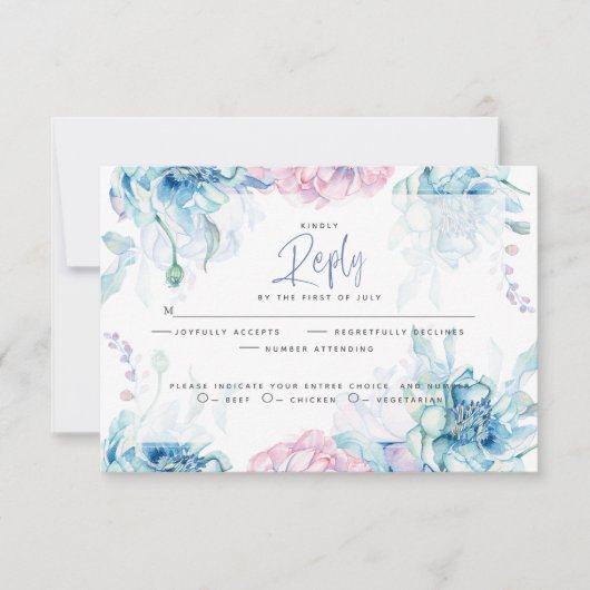 Bruiloft | Sky Blue en Bubblegum Pink Peonies RSVP Kaartje (Voorkant)