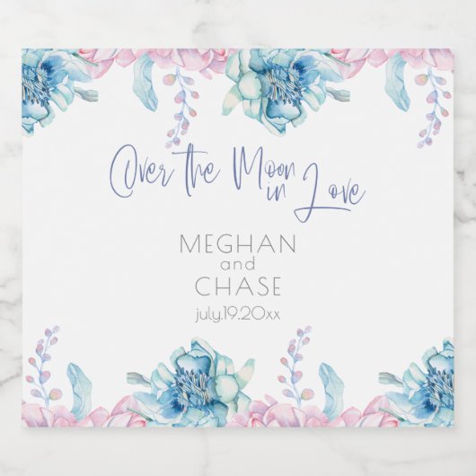 Bruiloft | Sky Blue en Bubblegum Pink Peonies Sparkling Wijnetiket (Enkel label)