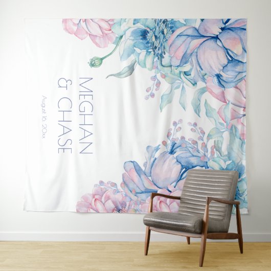 Bruiloft | Sky Blue en Bubblegum Pink Peonies Wandkleed (In Situ (horizontaal))