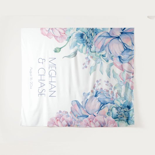 Bruiloft | Sky Blue en Bubblegum Pink Peonies Wandkleed (Voorkant (horizontaal))