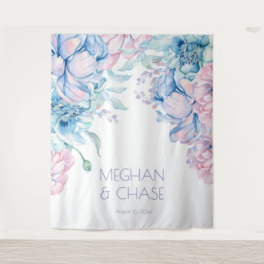 Bruiloft | Sky Blue en Bubblegum Pink Peonies Wandkleed (Voorkant)