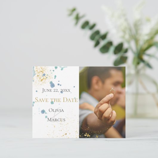 BRUILOFT | Sla de datum op Foto Blue Spletters Save The Date (Staand voorkant)