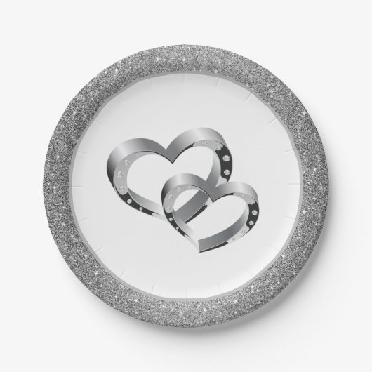 Bruiloft SLVR Glitter 7" Papier Borden-twee harten Papieren Bordje (Voorkant)