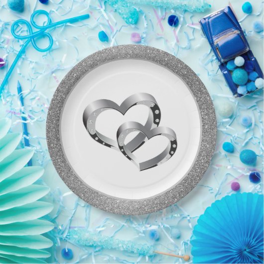 Bruiloft SLVR Glitter 9" Papier Borden-twee harten Papieren Bordje (Feest)