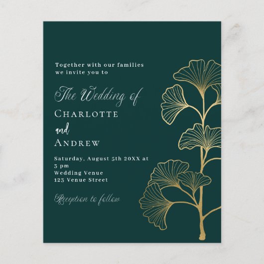 Bruiloft smaragd groene ginkgo budget uitnodiging flyer (Voorkant)