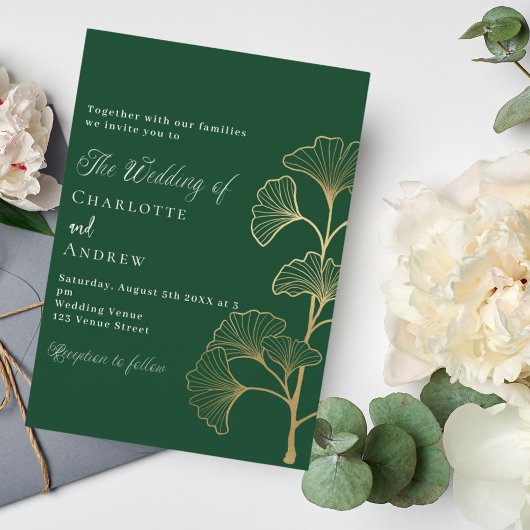 Bruiloft smaragdgroene ginkgo groen goud kaart