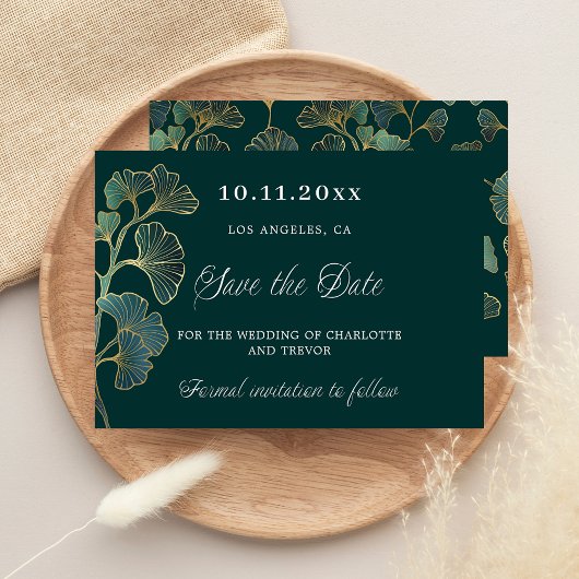 Bruiloft smaragdgroene ginkgo groen save the date