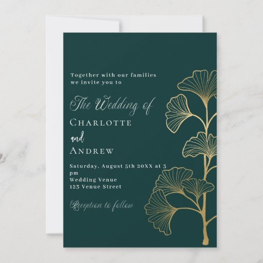 Bruiloft smaragdgroene ginkgo laat gouden luxe kaart (Voorkant)